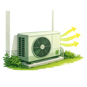 Boiler replacement grant Ireland alternatives - heat pump with airflow arrows illustration